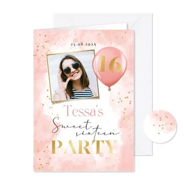 Uitnodiging sweet 16 party foto waterverf ballon confetti